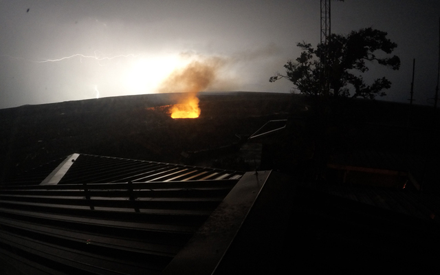 USGS / HAWAIIAN VOLCANO OBSERVATORY                                  A time-lapse camera located in HVO's observation tower captured these interesting images of Halemaʻumaʻu during an intense lightning storm at Kīlauea's summit on October 16.