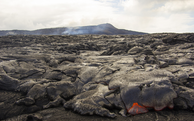 USGS / HAWAIIAN VOLCANO OBSERVATORY This view shows active pahoehoe toes on the margin of the November 25 breakout lava flow. Puu Oo is in the distance.