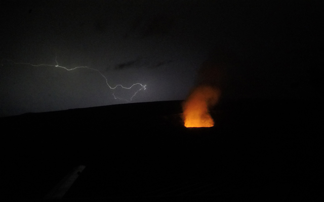 USGS / HAWAIIAN VOLCANO OBSERVATORY                                  A time-lapse camera located in Hawaii Volcano Observatory's observation tower captured these interesting images of Halema'uma'u during an intense lightning storm at Kilauea's summit on October 16.