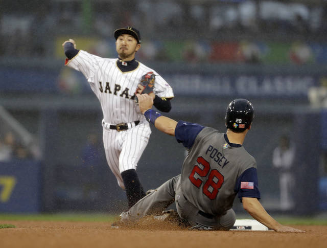 United States' Ian Kinsler hits a double during the eighth inning of a  semifinal in the World Baseball Classic against Japan, in Los Angeles,  Tuesday, March 21, 2017. (AP Photo/Chris Carlson)