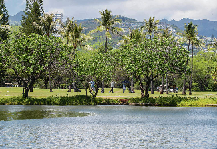 CINDY ELLEN RUSSELL / JULY 2019
                                With the Ala Wai Canal in the foreground, golfers could be seen at the Ala Wai Golf Course, which the authors propose be returned to a wetland state.