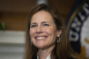 GRAEME JENNINGS/POOL VIA AP / OCT. 1 Supreme Court nominee Judge Amy Coney Barrett, meets with Sen. Roger Wicker, R-Miss., at the Capitol in Washington. Confirmation hearings begin Monday for President Donald Trump’s Supreme Court nominee, Amy Coney Barrett. If confirmed, the 48-year-old appeals court judge would fill the seat of liberal Justice Ruth Bader Ginsburg, who died last month.