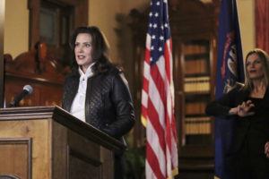 MICHIGAN OFFICE OF THE GOVERNOR VIA AP / OCT. 8
                                The Michigan Office of the Governor, Michigan Gov. Gretchen Whitmer addresses the state during a speech in Lansing, Mich. The governor delivered remarks addressing Michiganders after the Michigan Attorney General, Michigan State Police, U.S. Department of Justice, and FBI announced state and federal charges against 13 members of two militia groups who were preparing to kidnap and possibly kill the governor.