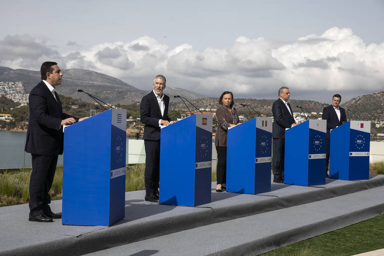 ASSOCIATED PRESS
                                From left, Greeces Minister of Migration and Asylum Notis Mitarachi, Interior Minister of Spain Fernando Grande-Marlaska, Italys Interior Minister Luciana Lamorgese, Cyprus Interior Minister Nicos Nouris and Byron Camilleri, Maltas Interior Minister make statements following their meeting in Athens. The ministers of Spain, Italy, Greece, Cyprus and Malta, which are on the front line of migration flows into Europe have met in Athens to discuss the European Unions migration policy as the bloc works toward a new migration pact.