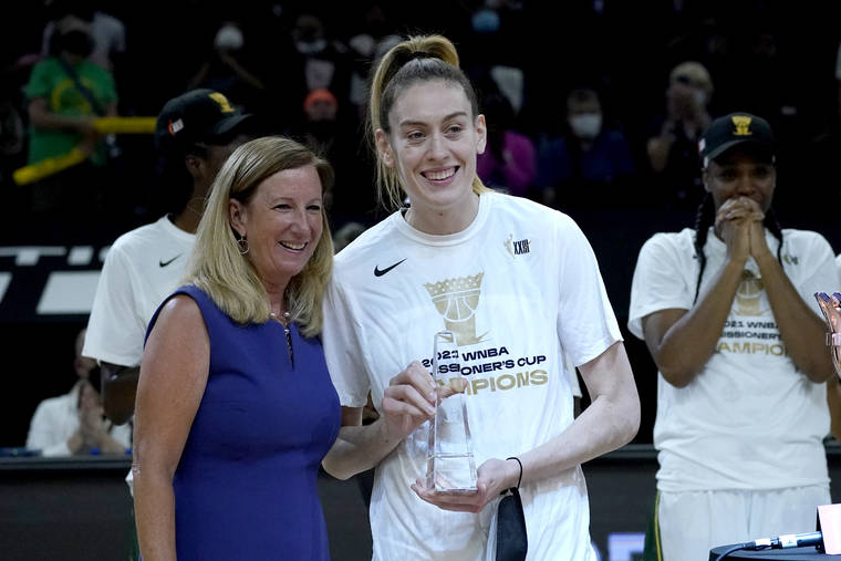 ASSOCIATED PRESS
                                Seattle Storm forward Breanna Stewart holds the MVP trophy after the Commissioner’s Cup WNBA basketball game against the Connecticut Sun on Thursday.