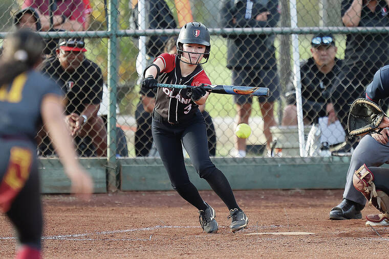 ANDREW LEE / SPECIAL TO THE STAR-ADVERTISER
                                ‘Iolani’s Milla Fukuda laid down a bunt on Friday.