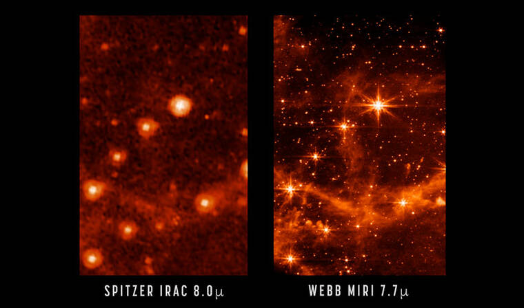 NASA/JPL-CALTECH, NASA/ESA/CSA/STSCI VIA AP This combination of images provided by NASA shows part of the Large Magellanic Cloud, a small satellite galaxy of the Milky Way, seen by the retired Spitzer Space Telescope, left, and the new James Webb Space Telescope. The new telescope is in the home stretch of testing, with science observations expected to begin in July, astronomers said Monday.