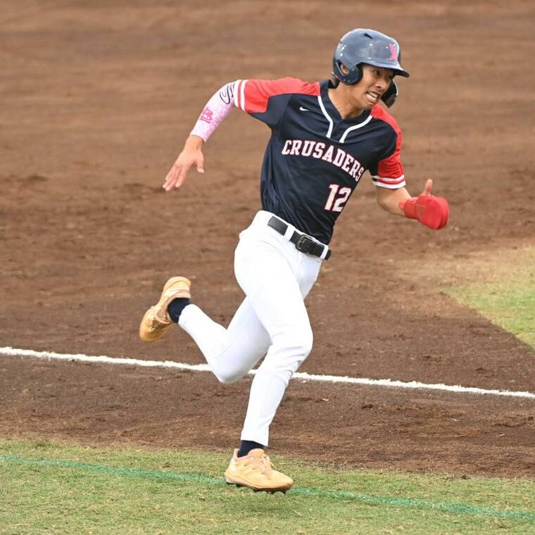 ANDREW VILET / SPECIAL TO THE STAR-ADVERTISER Saint Louis Tanner Chun rounded third and scored on a single by Ezekiel Ribuca in the second inning today at Iron Maehara Stadium.