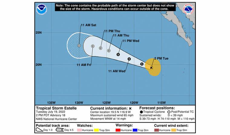 COURTESY NATIONAL HURRICANE CENTER The 5-day forecast of Tropical Storm Estelle, which is located about 510 miles west-southwest of the southern tip of Baja, Calif.