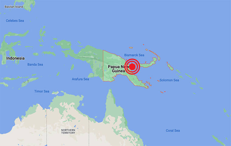 GOOGLE MAPS A Google Maps image shows the approximate location of a Sept. 10 earthquake in Papua New Guinea. Graphic is based on data from the Hawaii Emergency Management Agency.