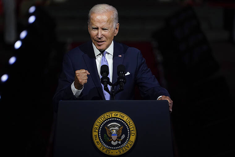 ASSOCIATED PRESS / SEPT. 1 President Joe Biden speaks outside Independence Hall, Sept. 1, in Philadelphia.