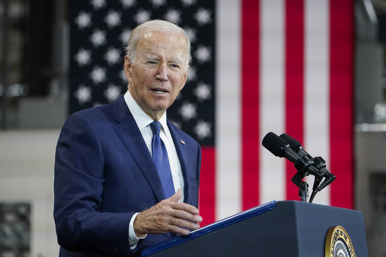 ASSOCIATED PRESS
                                President Joe Biden speaks at the Volvo Group Powertrain Operations in Hagerstown, Md., Oct. 7. The White House laid out a national security strategy, today, aimed at checking an ascendant China and a more assertive Russia even as it stressed that domestic investments are key to helping the U.S. compete in the critical decade ahead.