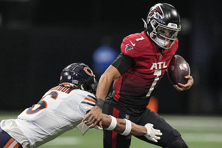 Atlanta Falcons safety Jaylinn Hawkins (32) works against the Chicago Bears  during the second half of an NFL football game, Sunday, Sept. 27, 2020, in  Atlanta. The Atlanta Falcons are looking to