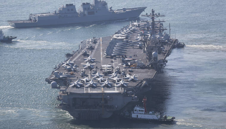 CHA GEUN-HO/YONHAP VIA AP
                                The U.S. Navy’s nuclear-powered aircraft carrier USS Nimitz departs a naval base in Busan, South Korea.