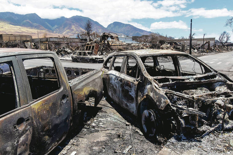 CINDY ELLEN RUSSELL / AUG. 12
                                Charred cars are seen on Front and Papalaua Streets after the Lahaina wildfire.