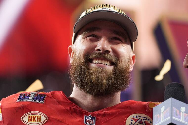 ASSOCIATED PRESS / FEB. 11
                                Kansas City Chiefs tight end Travis Kelce (87) celebrates after the NFL Super Bowl 58 football game against the San Francisco 49ers in Las Vegas. The Kansas City Chiefs won 25-22 against the San Francisco 49ers.