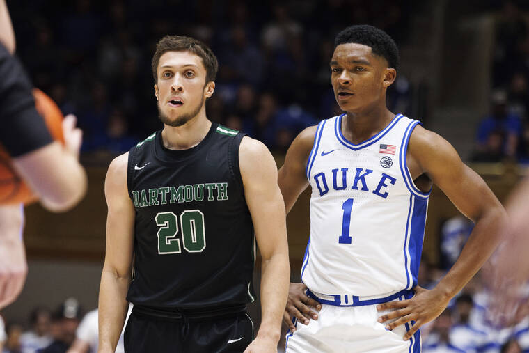 ASSOCIATED PRESS
                                Dartmouth’s Romeo Myrthil, left, stands next to Duke’s Caleb Foster during the second half of a basketball game in Durham, N.C., Nov. 6, 2023. A ruling that gives the Dartmouth basketball team the right to unionize has far-reaching implications for all of college sports — from the quaint, academically oriented Ivy League to the big-money football factories like Michigan and Alabama. But it’s not time to cut down the nets just yet.