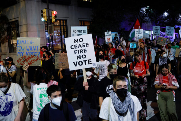 Protests outside the Philadelphia venue of the presidential debate