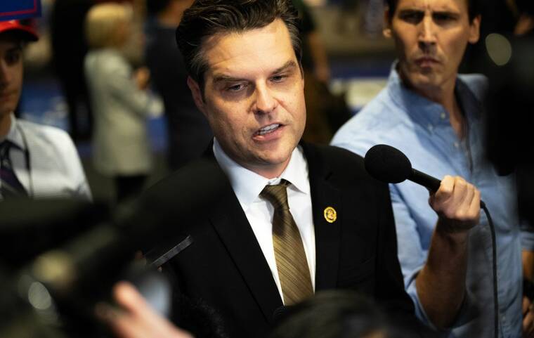 GRAHAM DICKIE/THE NEW YORK TIMES
                                Rep. Matt Gaetz (R-Fla.) speaks to reporters following the presidential debate at the National Constitution Center in Philadelphia, on Sept. 10. The House Ethics Committee secretly voted this month to release an investigative report into the conduct of former Rep. Matt Gaetz, R-Fla., according to three people with knowledge of the matter.