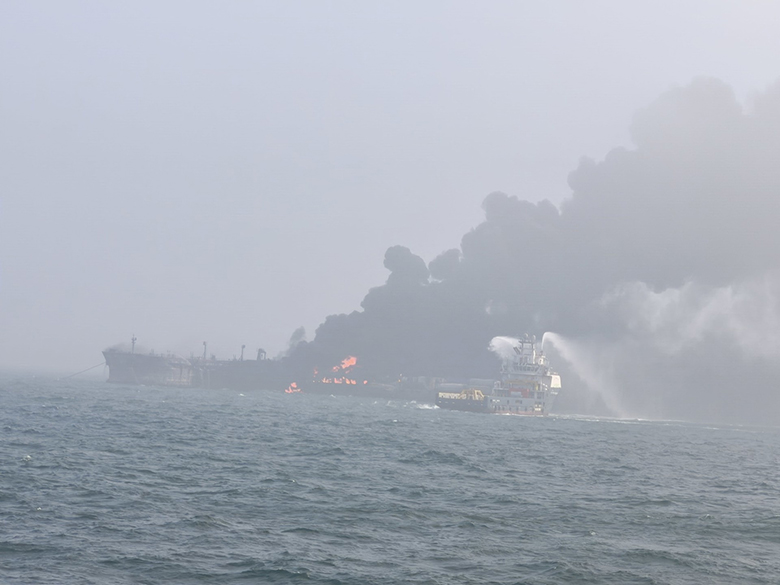 Tanker hired by U.S. military ablaze off U.K. after hit by container ship